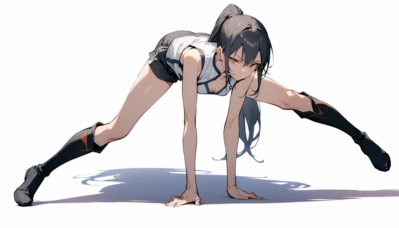 ((Highest quality)), ((masterpiece)), (detailed),full body ,slender. ((Rin々A cool female fighter)) small breasts Long-haired ponytail Sleeveless white judo uniform Black shorts Knee-high boots Leaning forward Open chest