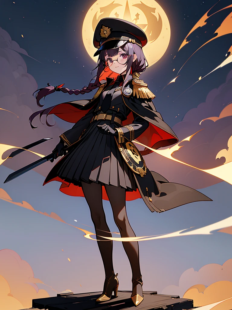 realisitic, City Deserted, Pile of rubble, Brick building, a one woman (18 years old, far away blackw hair, far away slits, Eyes red, glare eyes, 精致的面容, standing (In floor, feet shoulder-width apart), Lolita style military uniform (blackw base, Red Insert, golden decoration, volantes, wide sleeves, dainty and delicate detailing armors), blackw far away gloves (blackw, Red Insert, golden decoration, small hands, armors), blackw far away gloves, knee high boots (blackw, high-heels, red soles), ha (blackw, aba dourada, shield emblem, delicate details), arms in front, Front of belly, Holding military swords with both hands (blackw, golden decoration, delicate detail, Handle at the top, Ground-facing blade, in front of the body, far away), night sky (blackw, stele, Increased flames and smoke) Pale painting style, One Girl, super high quality, Super Detail, Super Detailed image, long hair, looking at viewer, skirt, shirt, hair ornament, violet eyes, gloves, round glasses, long sleeves, hat, closed mouth, jacket, violet hair, braid, open clothes, necktie, black gloves, black skirt, uniform, single braid, open jacket, black jacket, black headwear, 手链, peaked cap, black necktie, cropped jacket, military hat, pantyhose, Flat Chest, smile, Black Cape