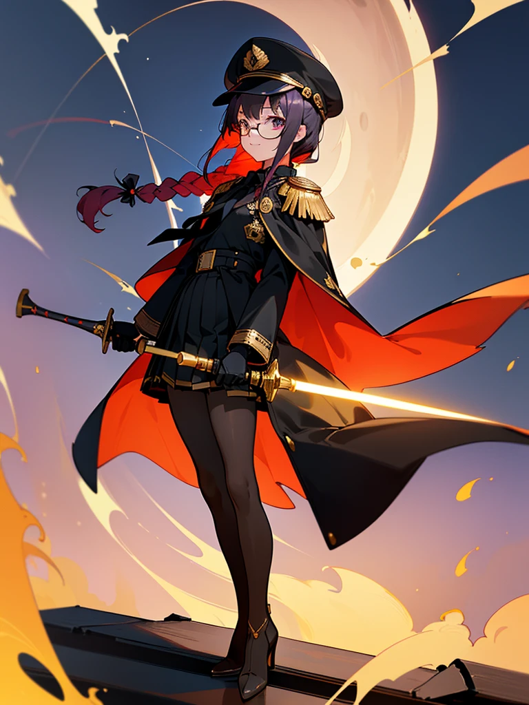 realisitic, City Deserted, Pile of rubble, Brick building, a one woman (18 years old, far away blackw hair, far away slits, Eyes red, glare eyes, 精致的面容, standing (In floor, feet shoulder-width apart), Lolita style military uniform (blackw base, Red Insert, golden decoration, volantes, wide sleeves, dainty and delicate detailing armors), blackw far away gloves (blackw, Red Insert, golden decoration, small hands, armors), blackw far away gloves, knee high boots (blackw, high-heels, red soles), ha (blackw, aba dourada, shield emblem, delicate details), arms in front, Front of belly, Holding military swords with both hands (blackw, golden decoration, delicate detail, Handle at the top, Ground-facing blade, in front of the body, far away), night sky (blackw, stele, Increased flames and smoke) Pale painting style, One Girl, super high quality, Super Detail, Super Detailed image, long hair, looking at viewer, skirt, shirt, hair ornament, violet eyes, gloves, round glasses, long sleeves, hat, closed mouth, jacket, violet hair, braid, open clothes, necktie, black gloves, black skirt, uniform, single braid, open jacket, black jacket, black headwear, 手链, peaked cap, black necktie, cropped jacket, military hat, pantyhose, Flat Chest, smile, Black Cape