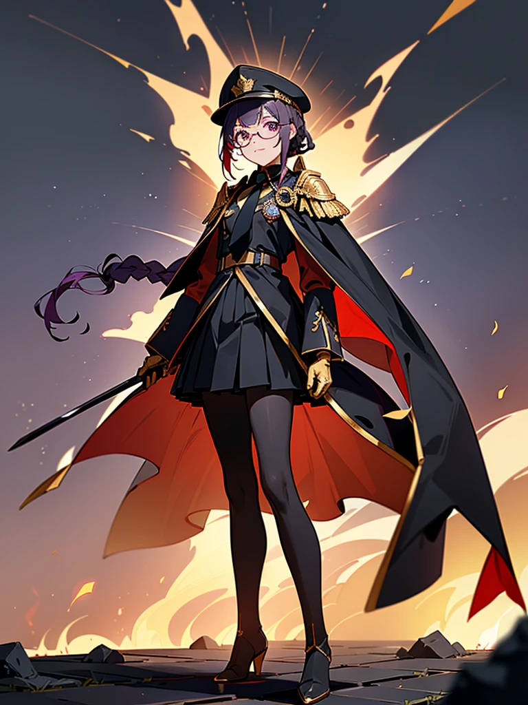 realisitic, City Deserted, Pile of rubble, Brick building, a one woman (18 years old, far away blackw hair, far away slits, Eyes red, glare eyes, 精致的面容, standing (In floor, feet shoulder-width apart), ta style military uniform (blackw base, Red Insert, golden decoration, volantes, wide sleeves, dainty and delicate detailing armors), blackw far away gloves (blackw, Red Insert, golden decoration, small hands, armors), blackw far away gloves, knee high boots (blackw, high-heels, red soles), ha (blackw, aba dourada, shield emblem, delicate details), arms in front, Front of belly, Holding military swords with both hands (blackw, golden decoration, delicate detail, Handle at the top, Ground-facing blade, in front of the body, far away), night sky (blackw, stele, Increased flames and smoke) Pale painting style, One Girl, super high quality, Super Detail, Super Detailed image, long hair, looking at viewer, skirt, shirt, hair ornament, violet eyes, gloves, round glasses, long sleeves, hat, closed mouth, jacket, violet hair, braid, open clothes, necktie, black gloves, black skirt, uniform, single braid, open jacket, black jacket, black headwear, 手链, peaked cap, black necktie, cropped jacket, military hat, pantyhose, Flat Chest, smile, Black Cape