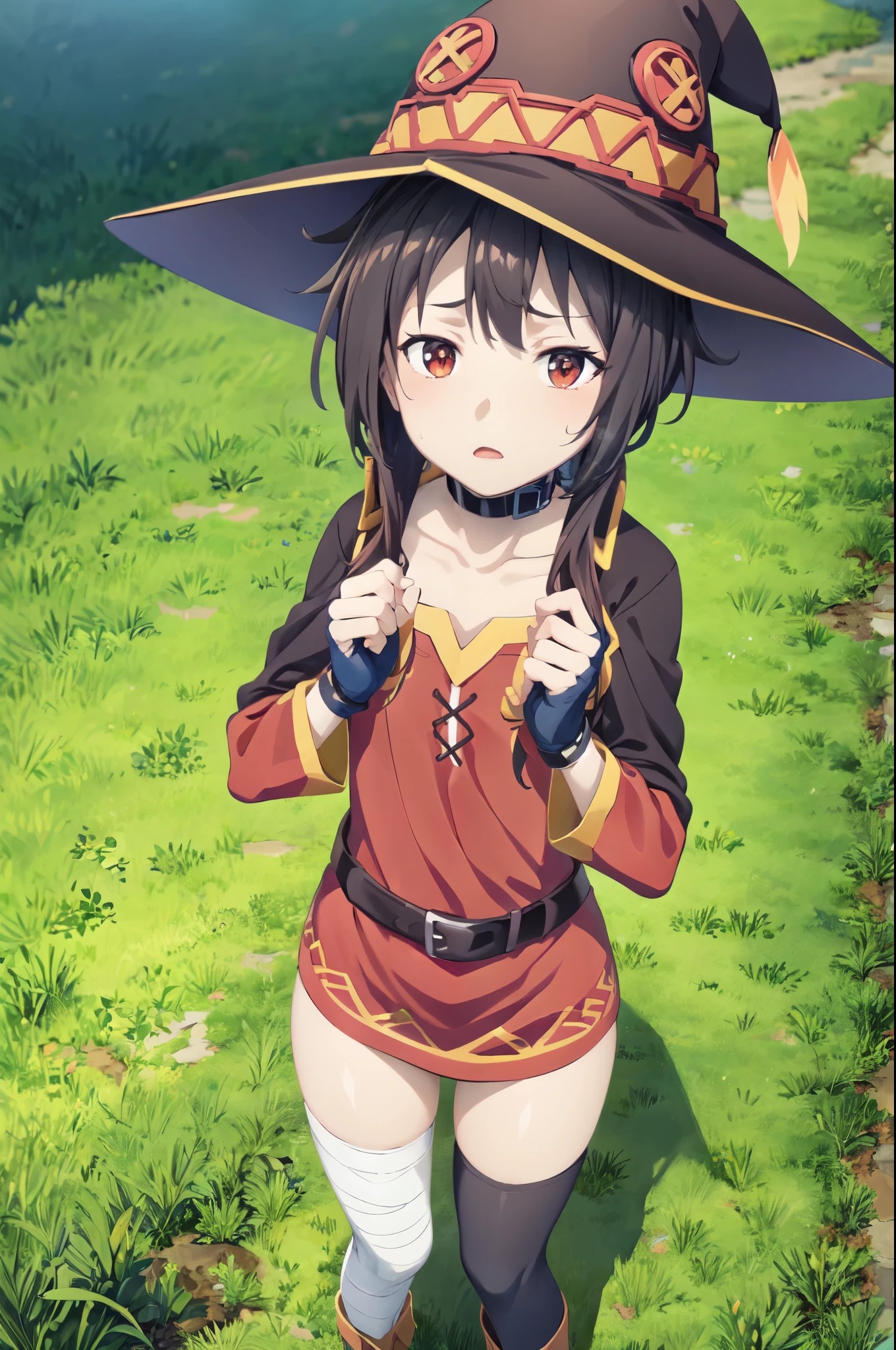 masterpiece, best quality, 1 girl, detailed beautiful face, megumin, witch, flat chest, embarrassed, blush, squatting, in forest, spread legs, sweat, (open mouse), crying, pussy, (masturbation), orgasm, touching pussy, squirting