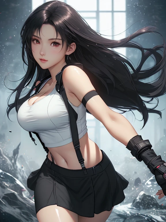 (((Full and soft breasts,)))(((巨Large target乳房))) (((Cleavage))) (Perfect curvy figure)8K,masterpiece, Best quality,Large target, (1 girl), Tifa Lockhart, Red_Eye, Black Hair, Long hair, Professional lighting, (Glowing skin: 1.2), shiny Large target, ((best quality)), Clear focus: 1.2, Highly detailed face and skin textures, detailed Eye, Perfect face, Perfect body, Blur Art, CG, Background big breasts, 20 years old, Mature and cool beautiful face, Wear ((Black suspender dress), Black elbow gloves, White tight shirt, thigh, White vest), blush, Lively posture, (Mitgal), Flowing hair, Random pose,