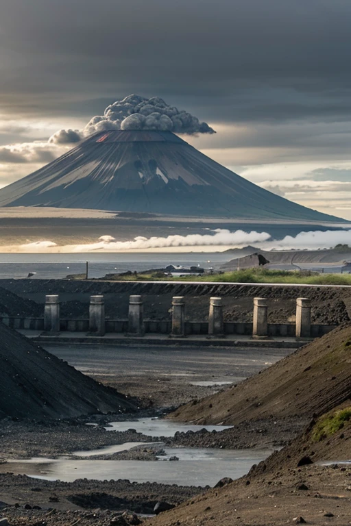 There is a volcano in the distance,Overcast sky,A group of stone pillars leading to the distance。