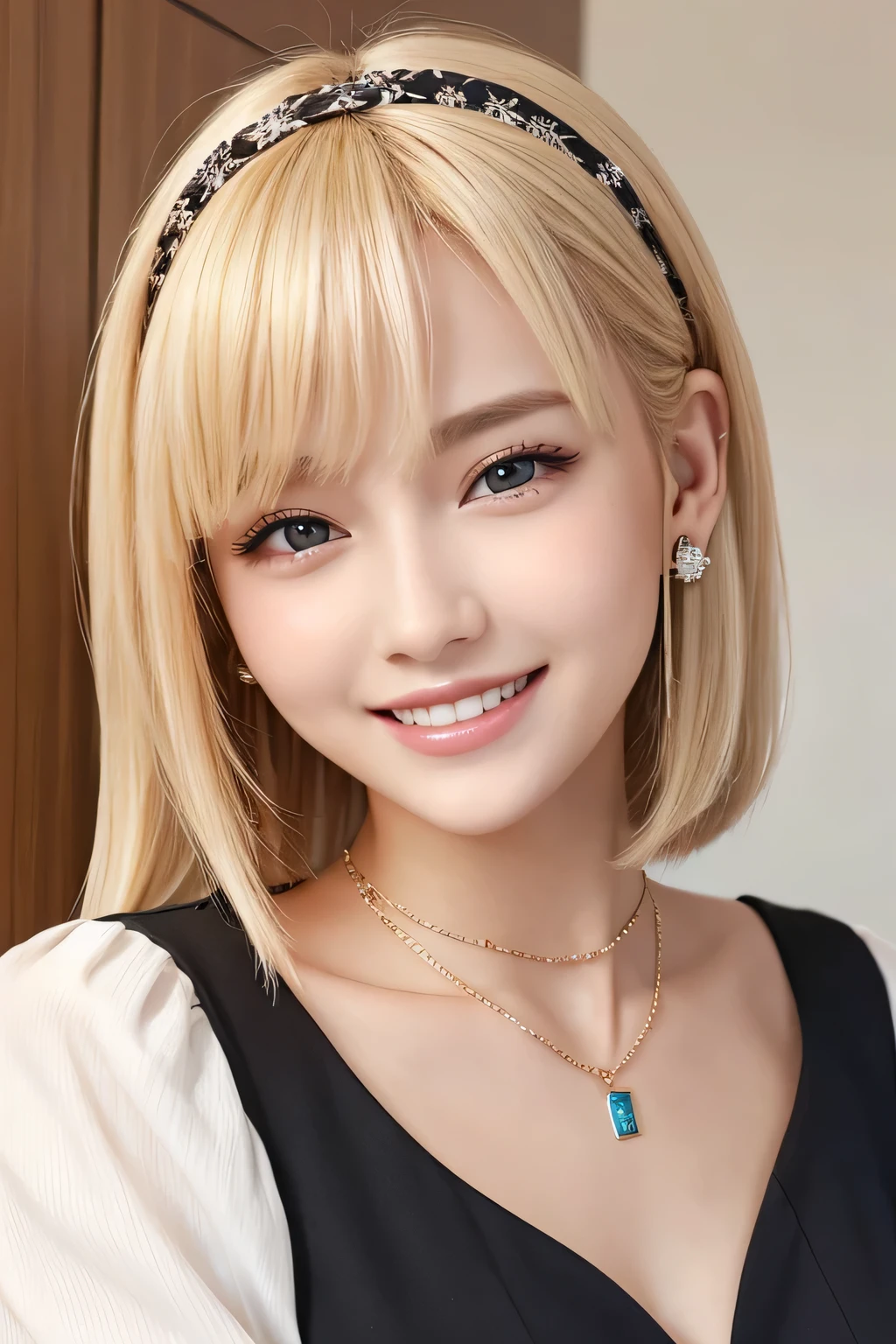 young woman、Blonde、ウェーブのかかった髪、ear piercing、Necklace around the neck、blouse、Emphasize the chest、smile、Beautiful teeth alignment、Intricate details, Very detailed:1.2), 、 Looking into the camera、The background is the office