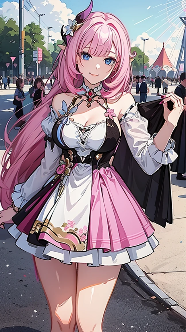 Masterpiece, Super real Detail, High Quality, 8K, top quality, one girl, alone, looking at viewer, bangs, elysia, honkai impact , pink hair, light blue eyes, long hair, manicure, hair ornament, (((pink summer dress))), holding up hand, flower, blunt bangs, ((charming smile)), tassel, colorful, amusement park background, ruffles, multi colored hair, ((Above the knees image standing)), beautiful fingers and nails
