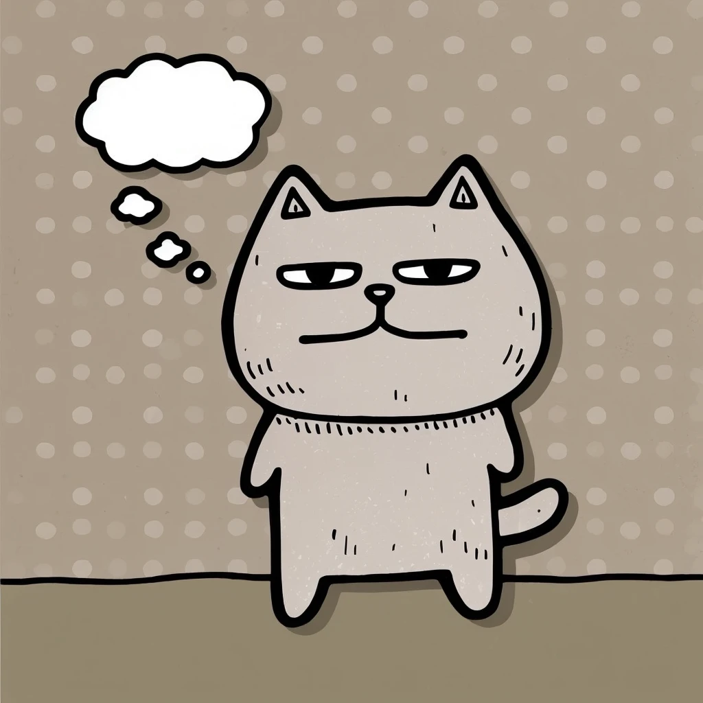 A hand-drawn style illustration of a cat character with a simple background. The cat should have a rustic expression, suitable for use as a LINE sticker.