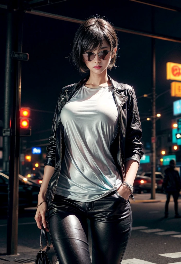 Cinema Lighting,Highly detailed skin、Beautiful details、Highest quality,cyber punk,(Exchange、Dim color, Calm tone、Perfect Anatomy:1.3),(One beautiful woman、Beautiful features down to the last detail:1.3)(Black Short Hair、Glasses:1.5)Shapely breasts、break.White T-shirt、Black leather jacket、Black leather slacks.Black-haired、big frame glasses、Put your hands in your pockets、Arms crossed、Near city station、night。Japanese, Huge