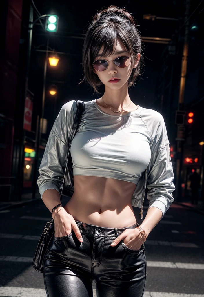 [2girl:1girl:0.3], girl, solo, short black hair, pixie cut, tan, (muscular:0.9), (medium breasts:0.1), (medium breasts: 0.25), messy hair, lovestruck, full-face blush, choker, BREAK (sexy black oversized_hoodie:1.1) BREAK San Francisco sidewalk, dramatic lighting, absurdities, best quality, clouds, golden hour, sunlight,