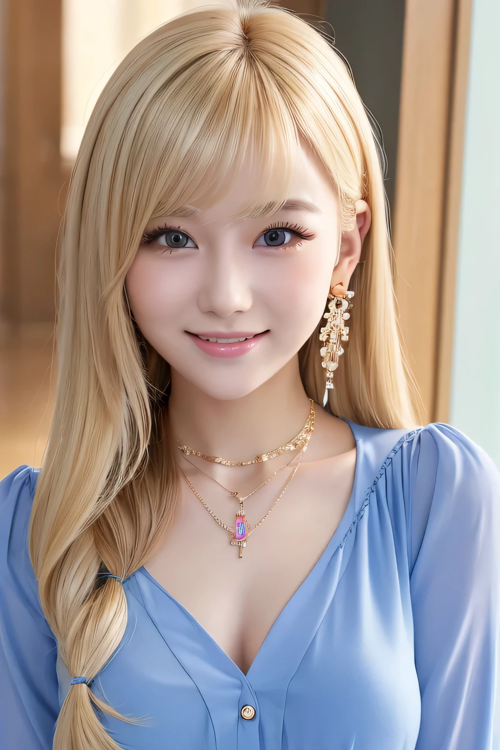 young woman、Blonde、hairstyle semi long、ear piercing、Necklace around the neck、blouse、Emphasize the chest、smile、Intricate details, Very detailed:1.2), 、hair band、 Looking into the camera、The background is the office