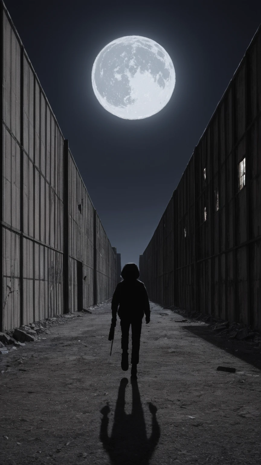 Anime style artist by Jack Hughes, post-apocalyptic wasteland, abandoned place, ruins, destruction, destroyed buildings graffiti on walls, 1 beautiful dark girl, ragged clothing with hood and bazooka in her hand ready to shoot, dynamic pose, epic, dark background, full moon night, masterpiece, best quality, ultra high resolution, detailed painting, dark colors, orange, green, yellow, intricate, post-apocalyptic, best quality, vibrant, 32K, well-defined lights and shadows without text, dark atmosphere, shadow, silhouette, minimalist style, very strong darkness, neon glow, hand holding heavy weapons, running in the dark.