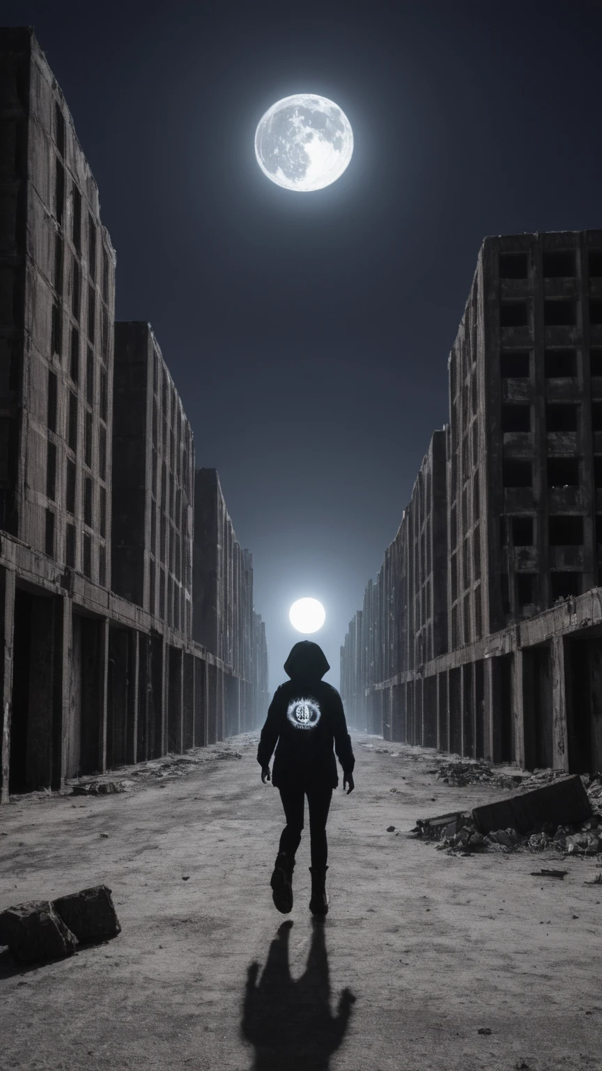 Anime style artist by Jack Hughes, post-apocalyptic wasteland, abandoned place, ruins, destruction, destroyed buildings graffiti on walls, 1 beautiful dark girl, ragged clothing with hood and bazooka in her hand ready to shoot, dynamic pose, epic, dark background, full moon night, masterpiece, best quality, ultra high resolution, detailed painting, dark colors, orange, green, yellow, intricate, post-apocalyptic, best quality, vibrant, 32K, well-defined lights and shadows without text, dark atmosphere, shadow, silhouette, minimalist style, very strong darkness, neon glow, hand holding heavy weapons, running in the dark.