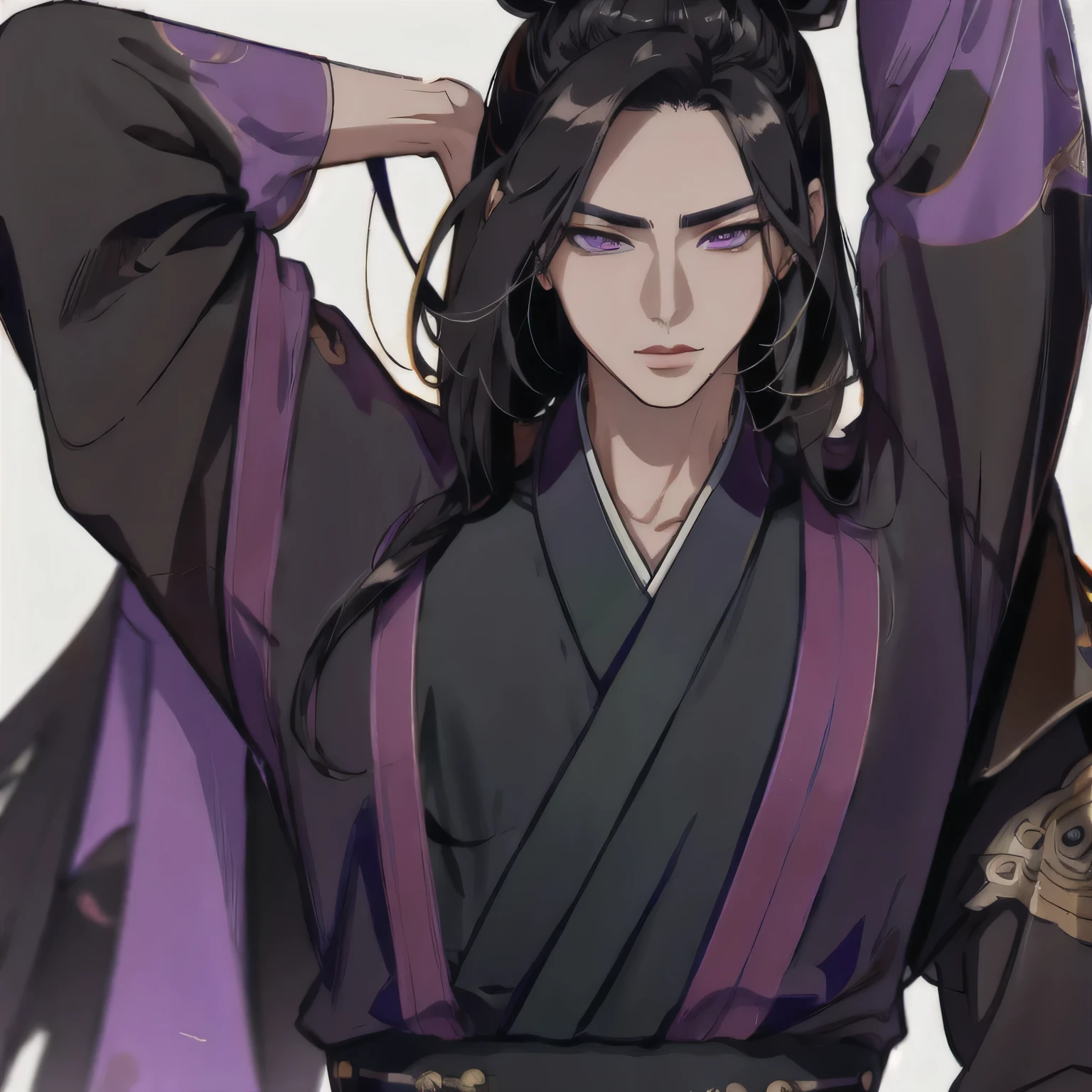 (masterpiece, best quality:1.2), 1male, solo, jiang cheng, mo dao zu shi, mdzs, purple and black clothes, purple eyes, long black hair, perfect anatomy