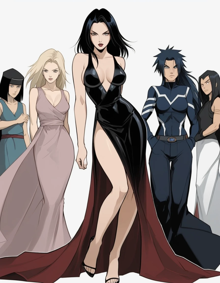 em uma rua iluminada com uma Bugatti atrás Illustration in styles of Harrison Fisher, Jeremy Mann, Alexandre Cabanel, and Tomer Hanuka, of a stunningly beautiful lady cabelos prateado sexy ceios pequenos empinados decote em V Megan Fox girl Power fênix + Hinata Naruto clad in an long dress, em seus pés with the contradiction of men's sandália, atmosphere that balances the delicate and the rugged, soft pastel hues for the dress black dark red full contrasting their sturdy, leather exterior, textures that interplay tone as if at