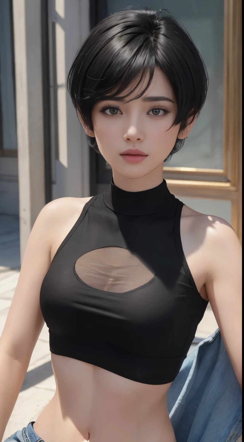 (masterpiece:1.3), (8K, realistic, raw photo, best quality: 1.4), (1 woman), beautiful face, (realistic face), (black hair, Short hair:1.3), good hairstyle，realistic eye，I have a good eye for detail.，（realistic skin），beautiful skin，（Crop Top T-shirt），tempting，ultra high resolution，Ultra photo realism，The contents are very detailed.，golden ratio