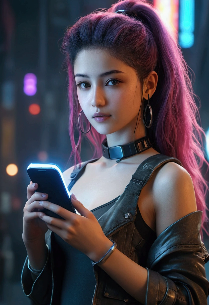 ((Beautiful girl holding a mobile phone in her hand)) 4K  8K:: Realistic::4. Cyberpunk::1 --v 4 --Quality 2  