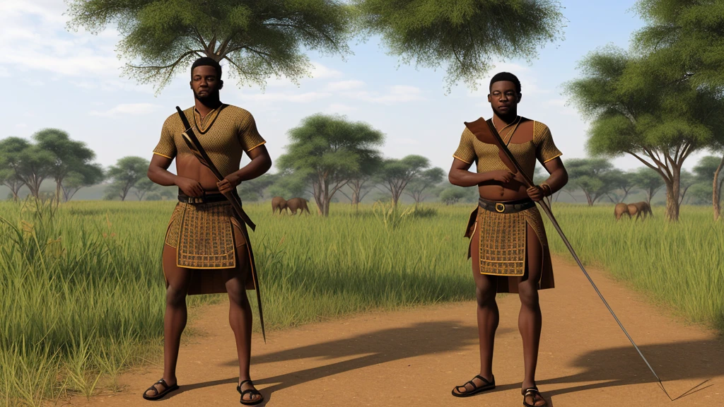 A realistic looking image of Emeka in traditional hunting attire, holding his gear with spears and bows, standing in an African village.