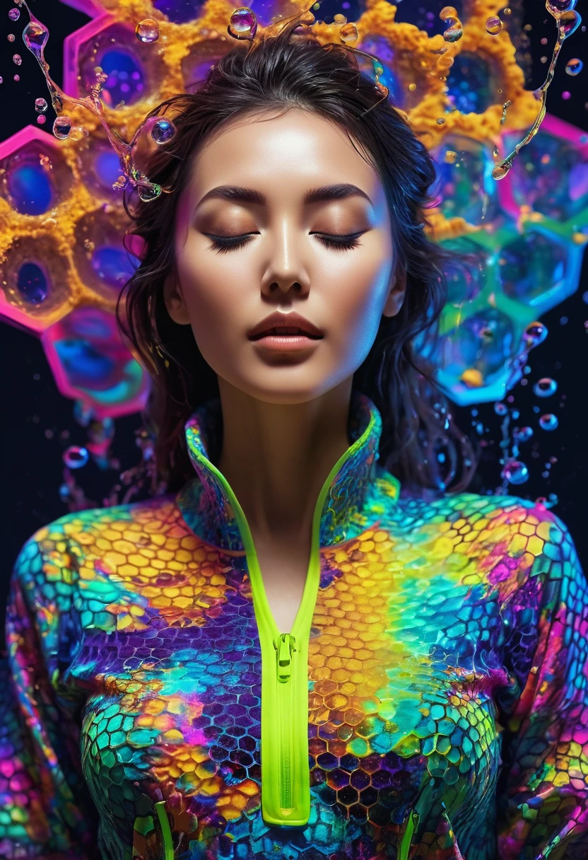 masterpiece,best quality,woman,closed eyes,  
 splashing,abstract,psychedelic,neon,(honeycomb pattern deepv v outfit),(creative:1.3),sy3,SMM,fantasy00d, ultra clear