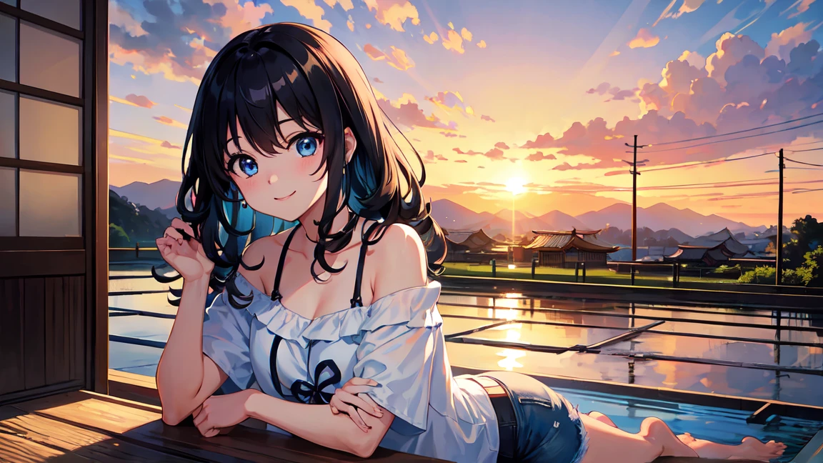 CG, Unity, 8K, wallpaper, Highest quality,sunlight、Perfect lighting、 masterpiece, Amami Haruka, (smile: 1.2), 1 high school girl、Black Hair、Curly Hair、blue eyes、Thick lips、Light Blue T-Shirt、Off the shoulder、 BREAK Denim Shorts, barefoot, Thighs, Best lighting, Complex pupil, Intricate weaving, Detailed Background, Japanese countryside, Rice Field、Pool、evening、sunset