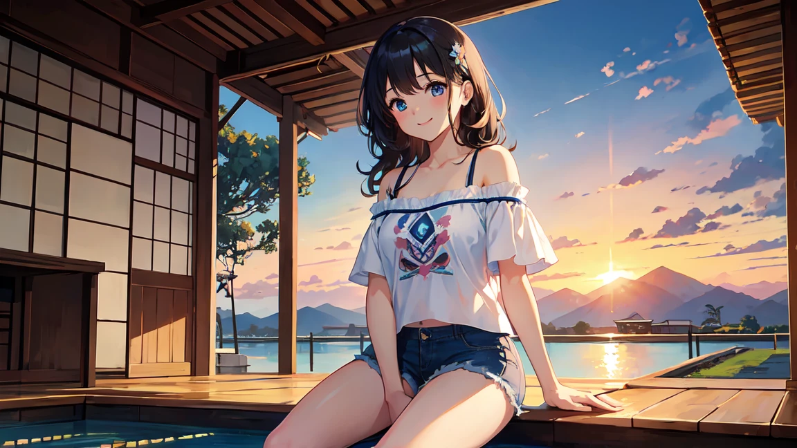 CG, Unity, 8K, wallpaper, Highest quality,sunlight、Perfect lighting、 masterpiece, Amami Haruka, (smile: 1.2), 1 high school girl、Black Hair、Curly Hair、blue eyes、Thick lips、Light Blue T-Shirt、Off the shoulder、 BREAK Denim Shorts, barefoot, Thighs, Best lighting, Complex pupil, Intricate weaving, Detailed Background, Japanese countryside, Rice Field、Pool、evening、sunset