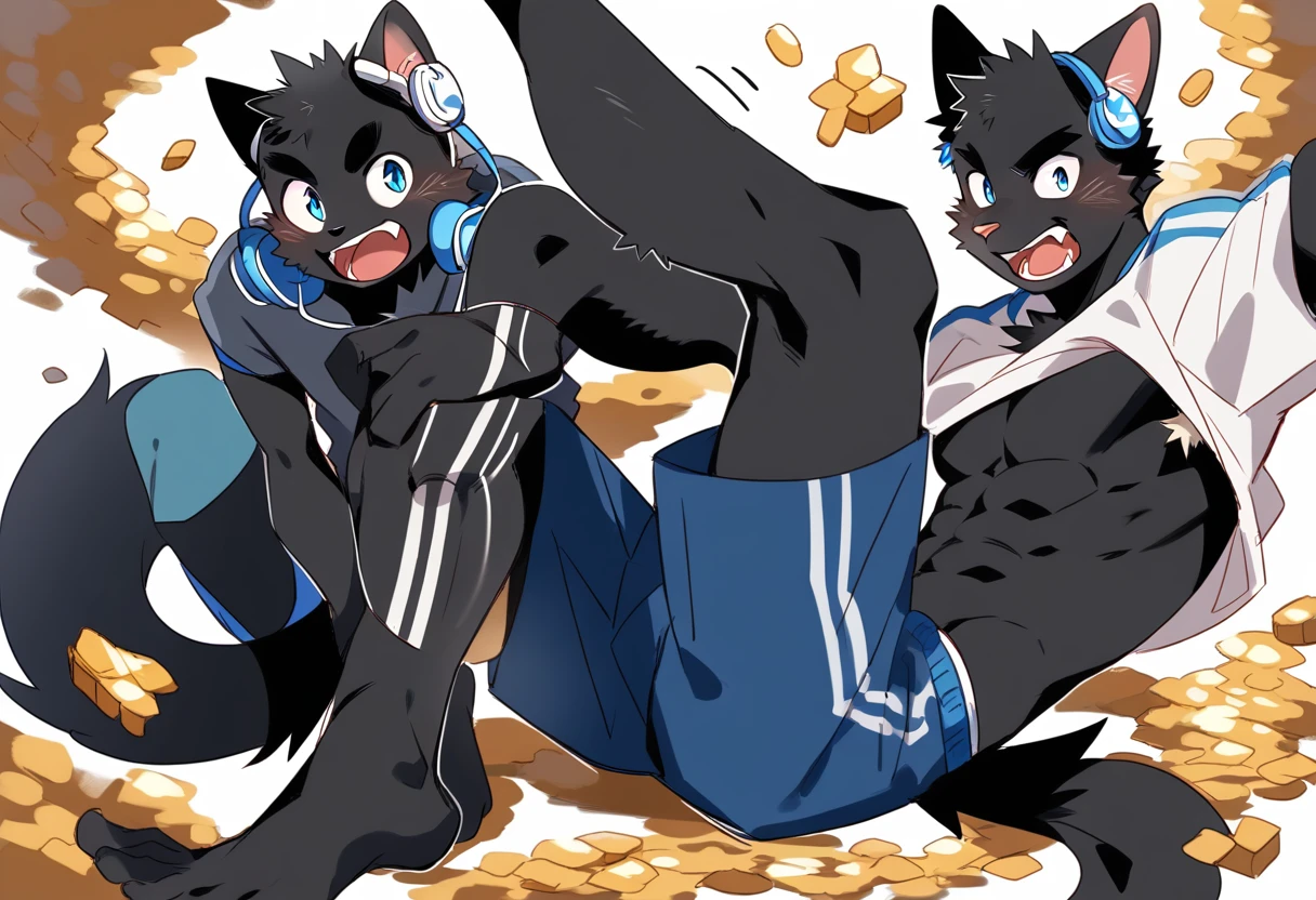 score_9, score_8_up, score_7_up, male, furry, high quality, hires, anthro, ager, 16 ymestic cat, black fur, blue eyes, wide eyebrows, an excited expression, humanoid feet, slim body, prominent v-line, prominent abs, prominent legs, prominent forearm, prominent knees, white background, treasure trail, armpit hair, furry legs, headphones, shorts, pulled up shirt, showing off abs, patting his abdomen, in various poses