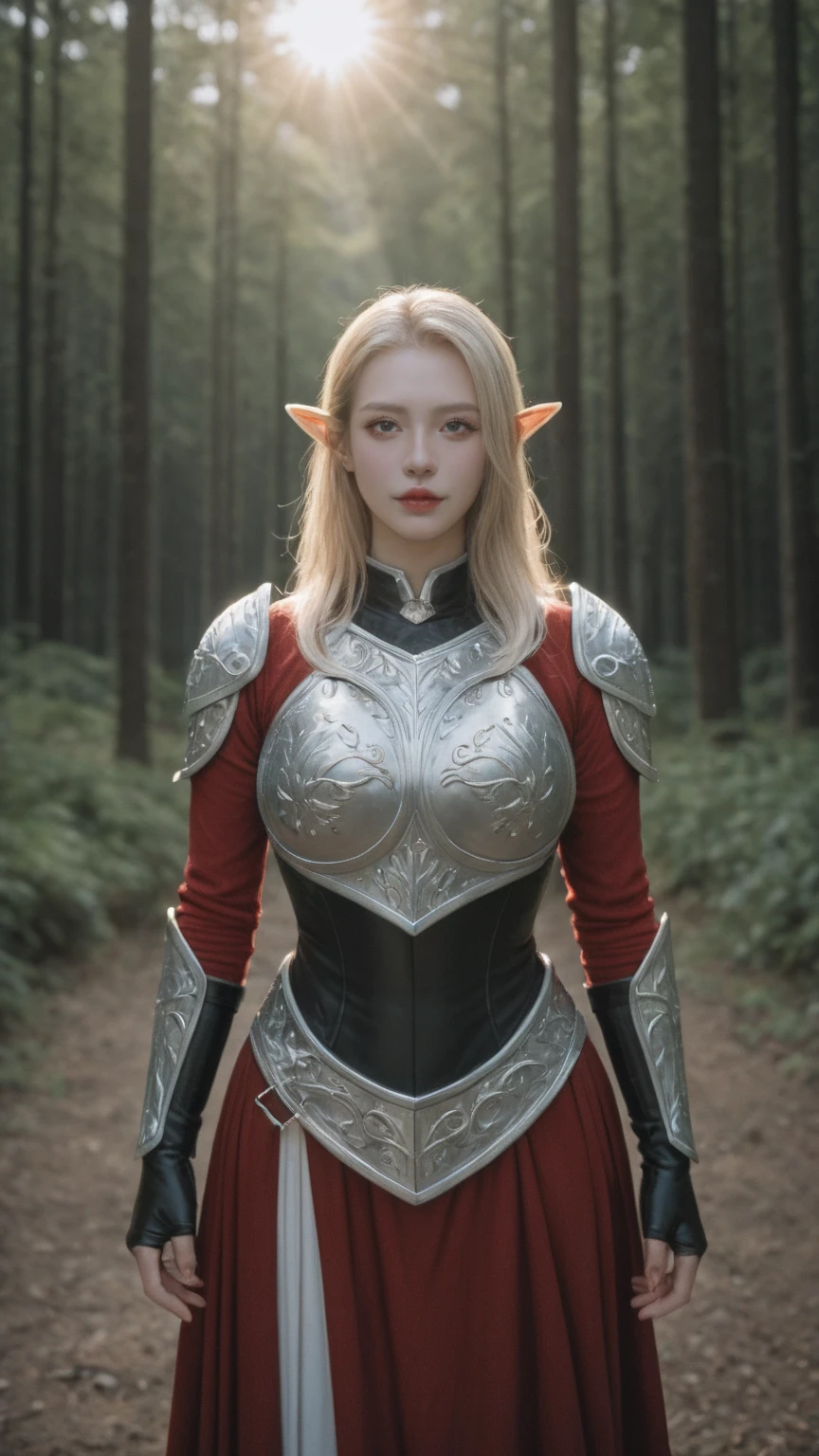 realistic,score_9, score_8_up, score_7_up, cowboy shot, a beautiful elf, Adriana Malkova, delicate filigrane Black armor, huge breasts, perfect body, blondes, length hair, outside, Skin texture, ultra high resolution, Nikon D850, Contre-Jour, rim light, bright sunlight, film grain, warm hue, warmer Ton,color photo, Fantasy, in a red dream world, red forest, in a red forest, amazing depth, red mood in background, shades of red, photography,sexy pose