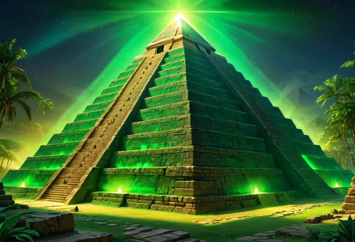 pyramid, gold treasure, aztec, riches, green lighting, HDR, 4k resolution, (painting realistic : 1.3), (ultra high resolution: 1.0 ), (((best quality, 8 thousand, masterpiece:1.4))