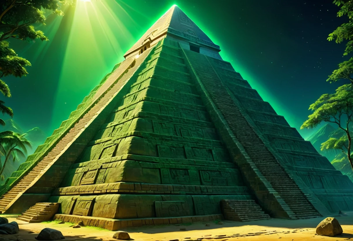 pyramid, gold treasure, aztec, riches, green lighting, HDR, 4k resolution, (painting realistic : 1.3), (ultra high resolution: 1.0 ), (((best quality, 8 thousand, masterpiece:1.4))