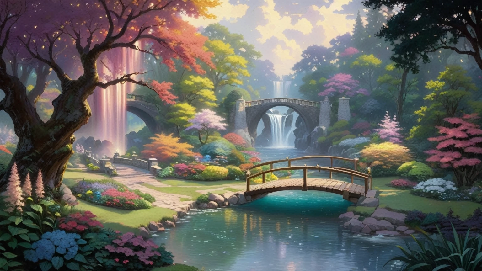 painting of a garden with a bridge and a waterfall, fantasy landscape painting, beautiful fantasy painting, dream scenery art, romantic landscape, fantasy art landscape, scenery artwork, scenery art detailed, magical landscape, beautiful oil matte painting, whimsical fantasy landscape art, thomas kinkade cfg _ scale 9, thomas kinkade style, thomas kinkade and paul lehr, thomas kindkade