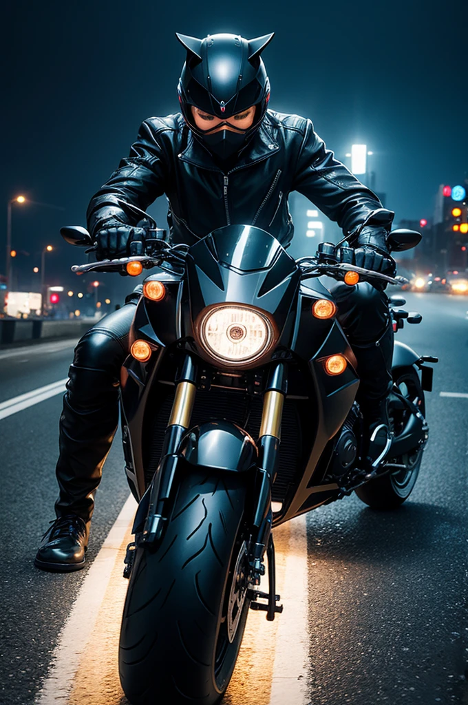 Cyber punk black cat , on motorcycle .