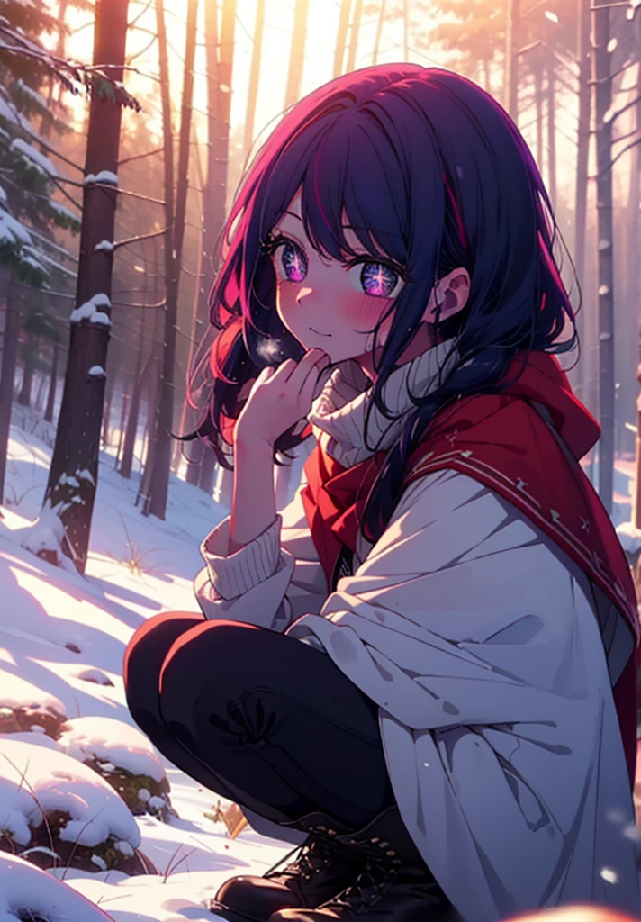 aihoshino, Ai Hoshino, Long Hair, bangs, (Purple eyes:1.1), Purple Hair, (Symbol-shaped pupil:1.5), smile,,smile,blush,White Breath,
Open your mouth,snow,Ground bonfire, Outdoor, boots, snowing, From the side, wood, suitcase, Cape, Blurred, , forest, White handbag, nature,  Squat, Mouth closed, Cape, winter, Written boundary depth, Black shoes, red Cape break looking at viewer, Upper Body, whole body, break Outdoor, forest, nature, break (masterpiece:1.2), Highest quality, High resolution, unity 8k wallpaper, (shape:0.8), (Beautiful and beautiful eyes:1.6), Highly detailed face, Perfect lighting, Highly detailed CG, (Perfect hands, Perfect Anatomy),