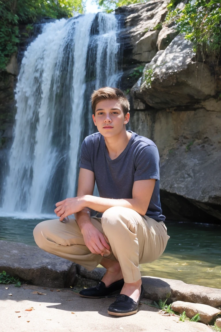 Realistic photo of solo handsome teenage men ,squatting , waterfall ,wet , daytime