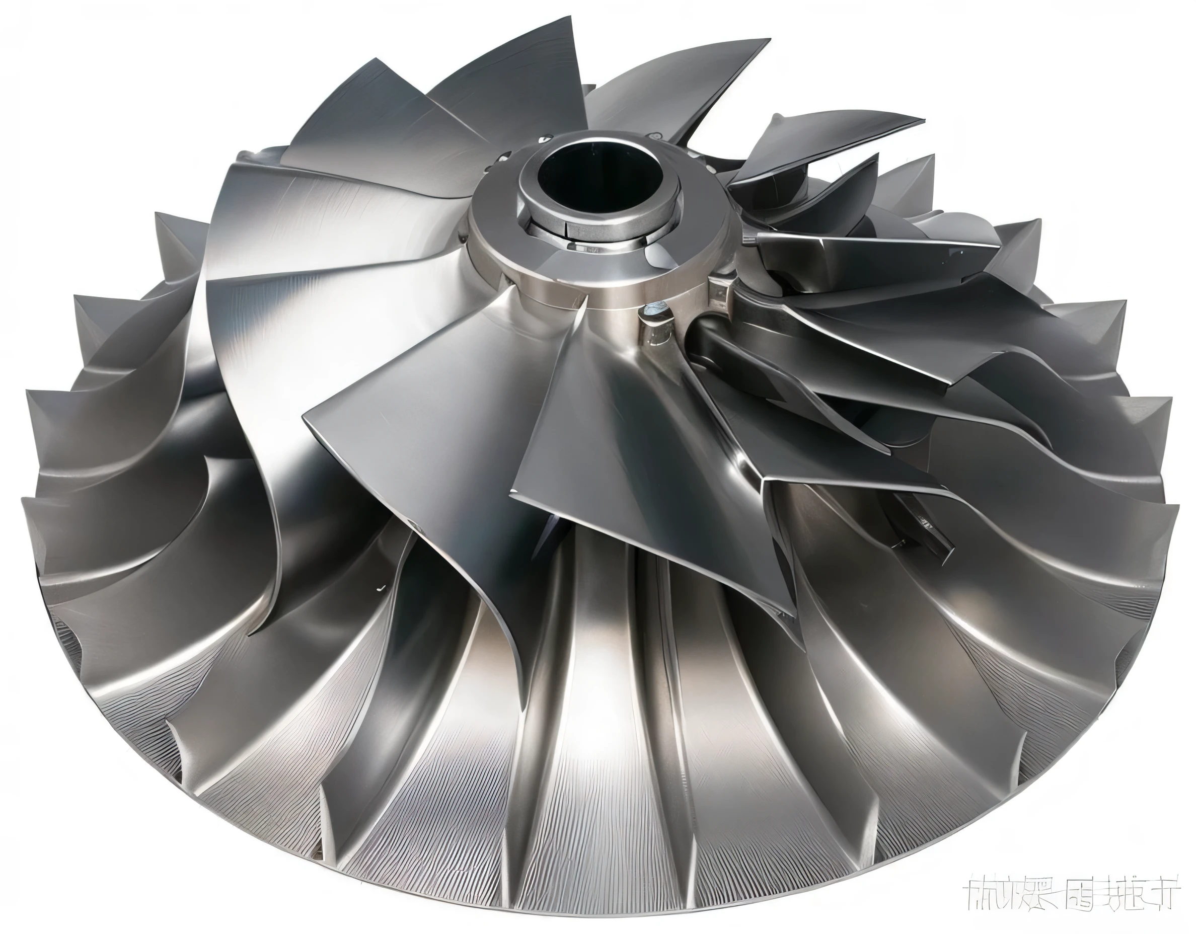Close up of a metal propeller wheel on a white background, Jet turbine, Titanium Mechanical Parts, Turbine machine, Fusion of aircraft components, Mechanical Parts, Mechanical Parts, Mechanical Parts, turbine, Titanium, Mechanical Parts, aluminum, Metal Parts, jet engines, Product introduction photos, Metal Parts, by Wen Boren, Stainless steel, Blade, tungsten, spiky shell
