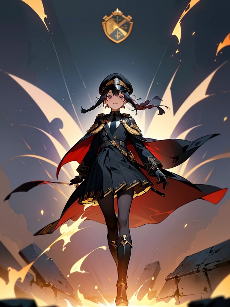 realisitic, City Deserted, Pile of rubble, Brick building, a one woman (18 years old, far away blackw hair, far away slits, Eyes red, glare eyes, 精致的面容, standing (In floor, feet shoulder-width apart), Lolita style military uniform (blackw base, Red Insert, golden decoration, volantes, wide sleeves, dainty and delicate detailing armors), blackw far away gloves (blackw, Red Insert, golden decoration, small hands, armors), blackw far away gloves, knee high boots (blackw, high-heels, red soles), ha (blackw, aba dourada, shield emblem, delicate details), arms in front, Front of belly, Holding military swords with both hands (blackw, golden decoration, delicate detail, Handle at the top, Ground-facing blade, in front of the body, far away), night sky (blackw, stele, Increased flames and smoke) Pale painting style, One Girl, super high quality, Super Detail, Super Detailed image, long hair, looking at viewer, skirt, shirt, hair ornament, violet eyes, gloves, round glasses, long sleeves, hat, closed mouth, jacket, violet hair, braid, open clothes, necktie, black gloves, black skirt, uniform, single braid, open jacket, black jacket, black headwear, 手链, peaked cap, black necktie, cropped jacket, military hat, pantyhose, Flat Chest, smile, Black Cape