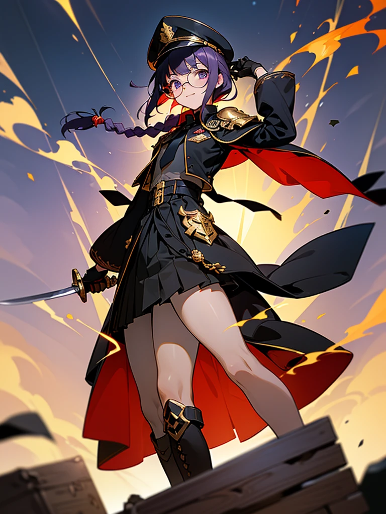 realisitic, City Deserted, Pile of rubble, Brick building, a one woman (18 years old, far away blackw hair, far away slits, Eyes red, glare eyes, 精致的面容, standing (In floor, feet shoulder-width apart), Lolita style military uniform (blackw base, Red Insert, golden decoration, volantes, wide sleeves, dainty and delicate detailing armors), blackw far away gloves (blackw, Red Insert, golden decoration, small hands, armors), blackw far away gloves, knee high boots (blackw, high-heels, red soles), ha (blackw, aba dourada, shield emblem, delicate details), arms in front, Front of belly, Holding military swords with both hands (blackw, golden decoration, delicate detail, Handle at the top, Ground-facing blade, in front of the body, far away), night sky (blackw, stele, Increased flames and smoke) Pale painting style, One Girl, super high quality, Super Detail, Super Detailed image, long hair, looking at viewer, skirt, shirt, hair ornament, violet eyes, gloves, round glasses, long sleeves, hat, closed mouth, jacket, violet hair, braid, open clothes, necktie, black gloves, black skirt, uniform, single braid, open jacket, black jacket, black headwear, 手链, peaked cap, black necktie, cropped jacket, military hat, pantyhose, Flat Chest, smile, Black Cape