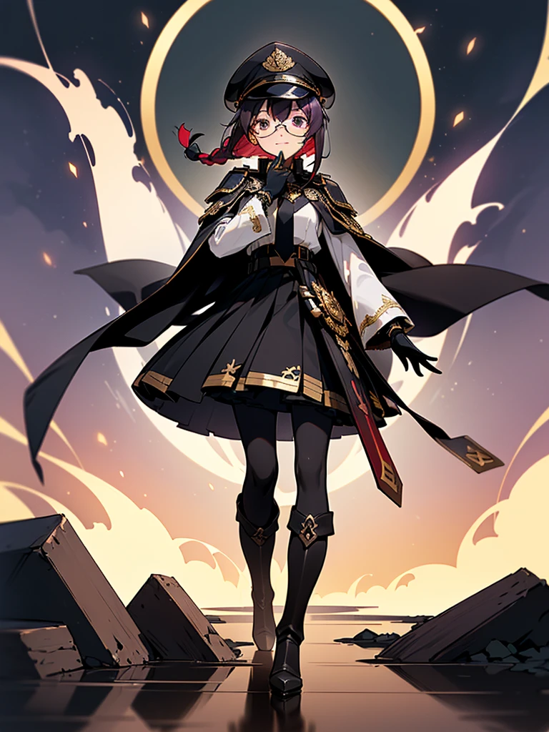 realisitic, City Deserted, Pile of rubble, Brick building, a one woman (18 years old, far away blackw hair, far away slits, Eyes red, glare eyes, 精致的面容, standing (In floor, feet shoulder-width apart), Lolita style military uniform (blackw base, Red Insert, golden decoration, volantes, wide sleeves, dainty and delicate detailing armors), blackw far away gloves (blackw, Red Insert, golden decoration, small hands, armors), blackw far away gloves, knee high boots (blackw, high-heels, red soles), ha (blackw, aba dourada, shield emblem, delicate details), arms in front, Front of belly, Holding military swords with both hands (blackw, golden decoration, delicate detail, Handle at the top, Ground-facing blade, in front of the body, far away), night sky (blackw, stele, Increased flames and smoke) Pale painting style, One Girl, super high quality, Super Detail, Super Detailed image, long hair, looking at viewer, skirt, shirt, hair ornament, violet eyes, gloves, round glasses, long sleeves, hat, closed mouth, jacket, violet hair, braid, open clothes, necktie, black gloves, black skirt, uniform, single braid, open jacket, black jacket, black headwear, 手链, peaked cap, black necktie, cropped jacket, military hat, pantyhose, Flat Chest, smile, Black Cape