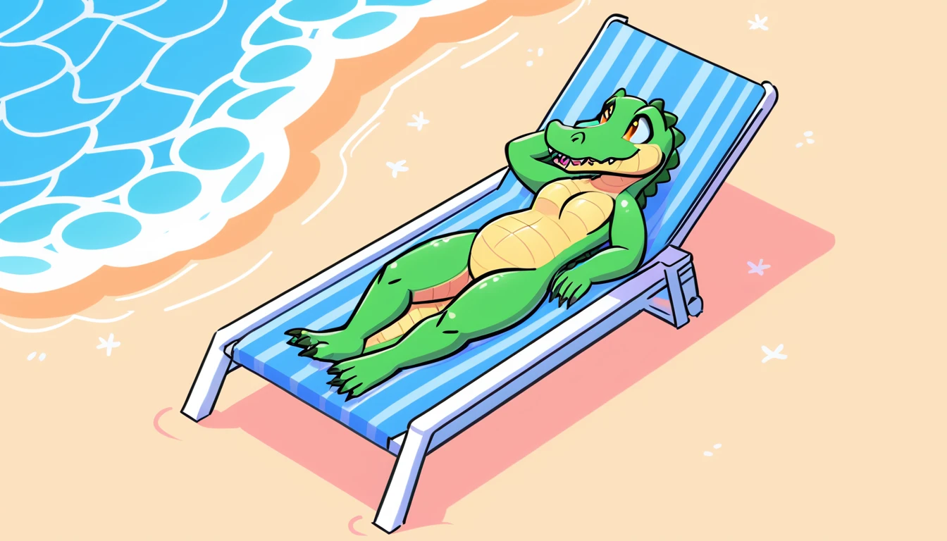 alligator sunbathing on a beach chair, story style
