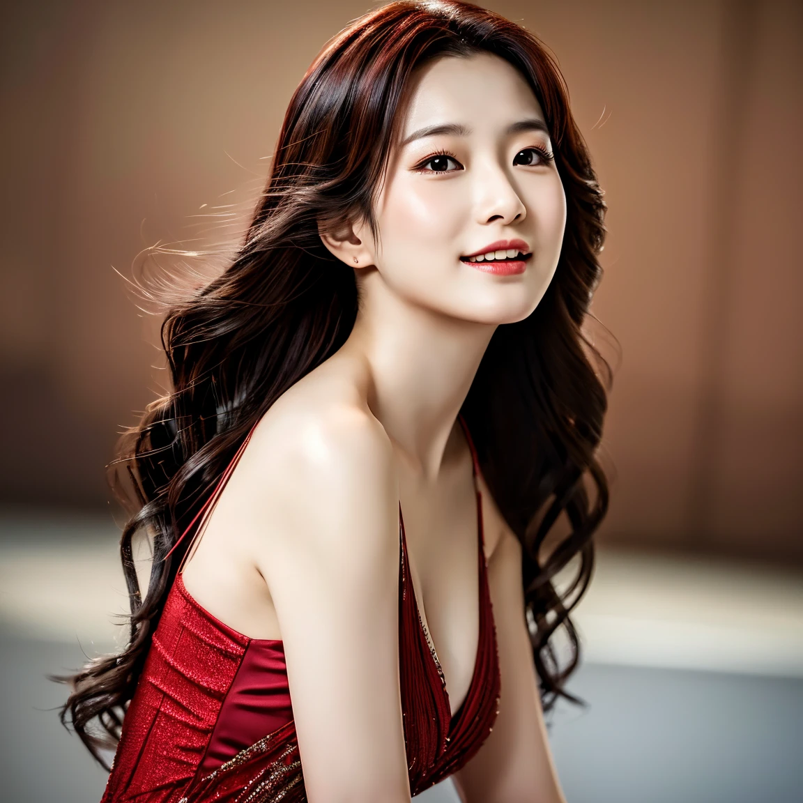 Beautiful woman, ((25 years old)), Asian, Wine Red Dress, 2000s,One piece with long wavy black hair, (the Extremely Detailed CG Unity 8K Wallpapers), Convoluted, ((Photorealistic)),The whole body is exposed.，Has an ecstatic look