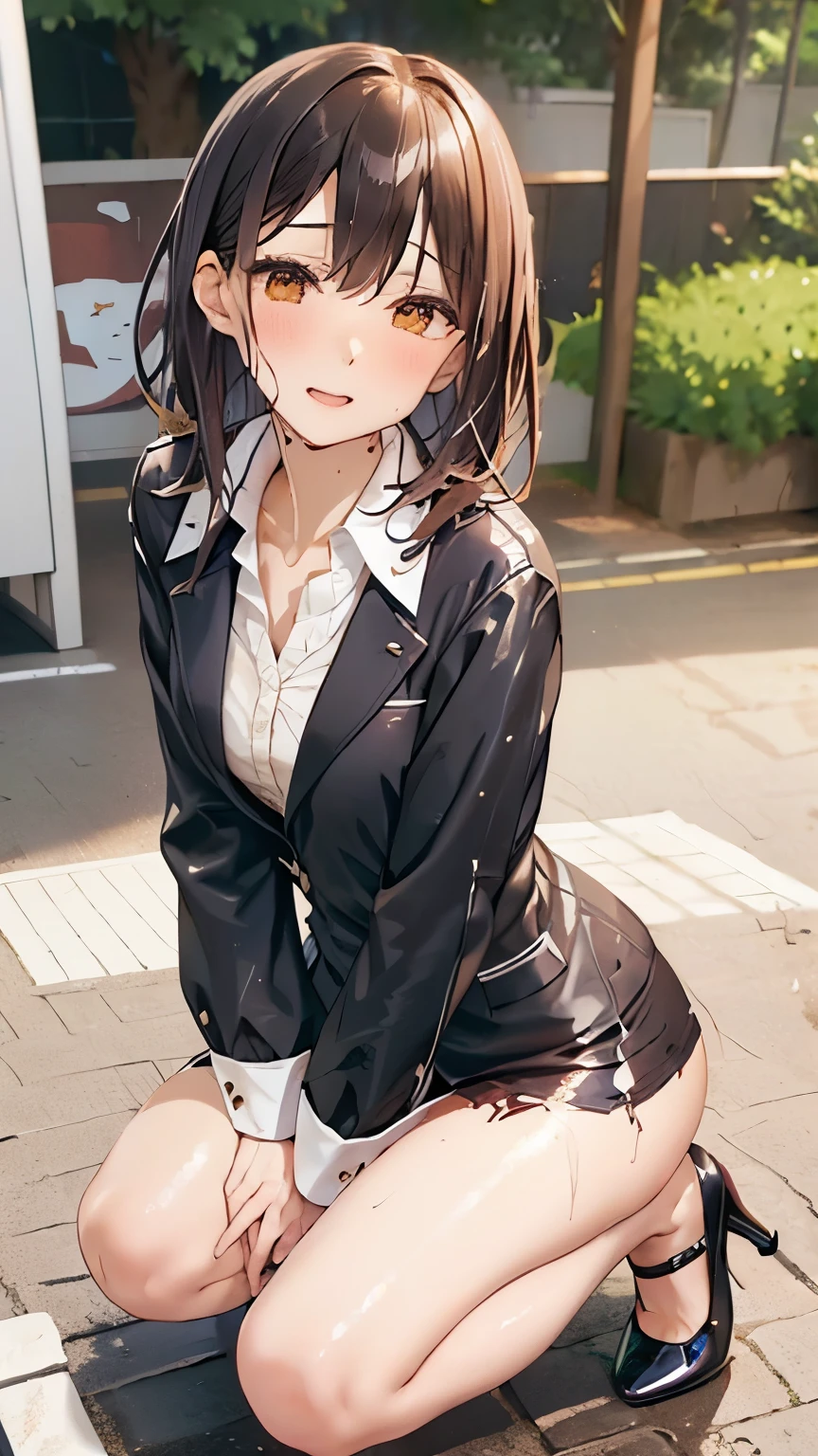 Highest,masterpiece,Highest品質,High resolution,high quality,Realistic,Medium Hair,Business Bags:1.2,Wet髪,Torn pantyhose,Pants Style,High heels, Collared shirt,Chest small breasts,Black jacket,business suit:1.5,sit,Kneel,Pinch your hands between your thighs,Wet,Sweat,orgasm,Fair skin,Oily skin,ID card,White chocolate:2.0,Embarrassed face:1.2,Several men in the background