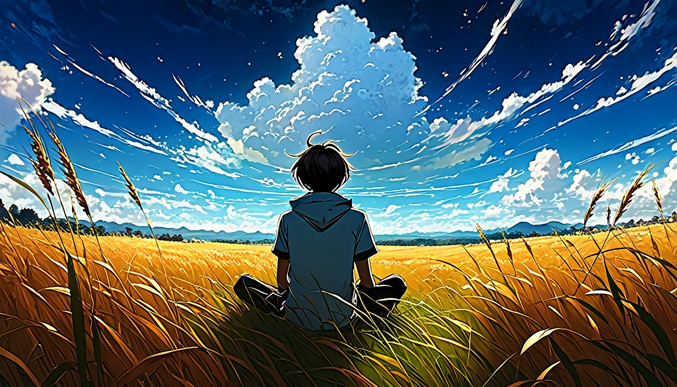 A boy sitting on a cloudy autumn meadow, See the vast sky, Tall Grass, Cloudy sky, Shinkai Makoto Cyril Rolando, Anime Art Wallpaper 4K, Anime Art Wallpaper 4K, Animated background, Anime Art Wallpaper 8K, Animated background art, Anime Landscape Wallpaper, Amazing wallpapers, HD Wallpapers, 4k animated wallpaper, 4k animated wallpaper, Aries Moros Art,Artwork by Bob Byerly , AshleyWoodArtAI, Greg Rutkowski