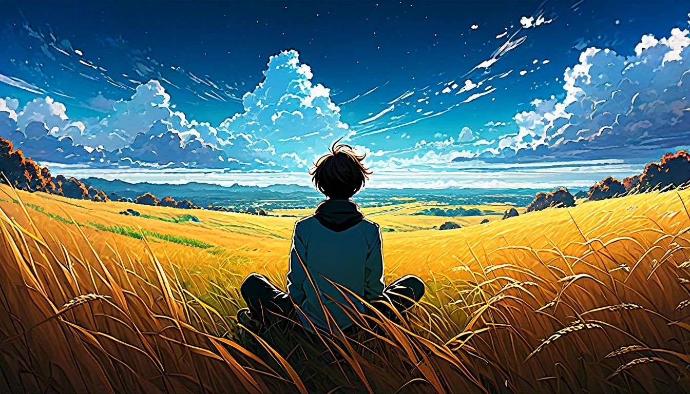 A boy sitting on a cloudy autumn meadow, See the vast sky, Tall Grass, Cloudy sky, Shinkai Makoto Cyril Rolando, Anime Art Wallpaper 4K, Anime Art Wallpaper 4K, Animated background, Anime Art Wallpaper 8K, Animated background art, Anime Landscape Wallpaper, Amazing wallpapers, HD Wallpapers, 4k animated wallpaper, 4k animated wallpaper, Aries Moros Art,Artwork by Bob Byerly , AshleyWoodArtAI, Greg Rutkowski