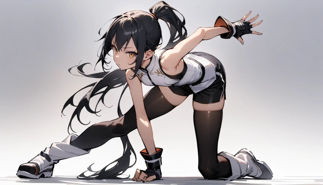 ((Highest quality)), ((masterpiece)), (detailed),full body ,slender. ((Rin々A cool female fighter)) small breasts Long-haired ponytail ((Sleeveless white karate uniform)) Black shorts Knee-high boots Leaning forward Open chest black fingerless gloves