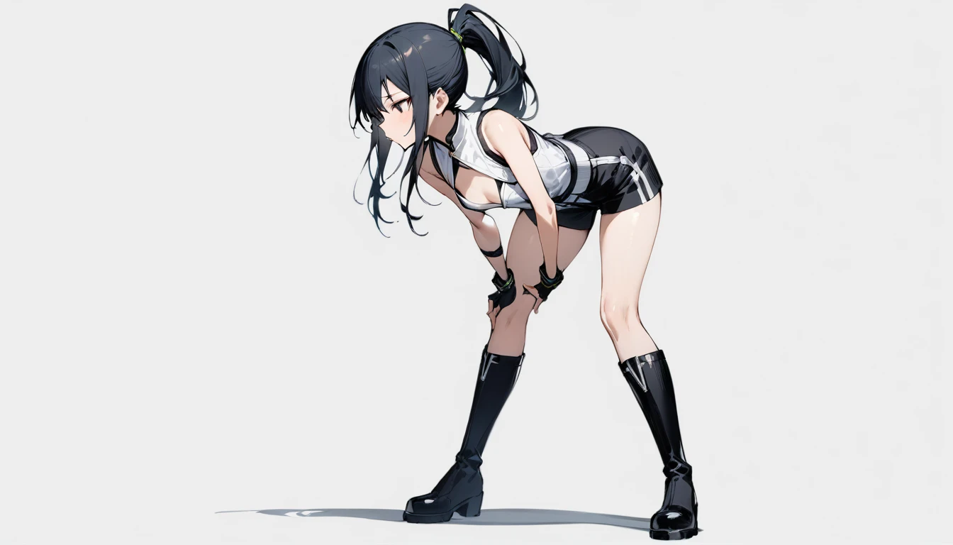 masterpiece, highest quality,High resolution, Overall view,1 girl,saw 2, blue eyes, black hair, Low twintails and short cut,black tight suit,black rubber suit,black full body tights,put your hands on your hips,open your legs wide,serious face,Laboratory