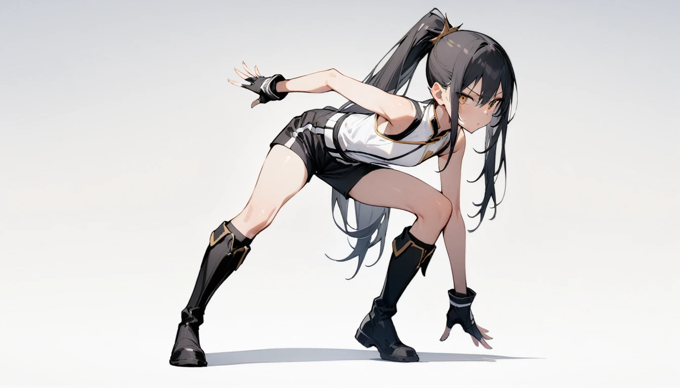 ((Highest quality)), ((masterpiece)), (detailed),full body ,slender. ((Rin々A cool female fighter)) small breasts Long-haired ponytail ((Sleeveless white karate uniform)) Black shorts Knee-high boots Leaning forward Open chest black fingerless gloves