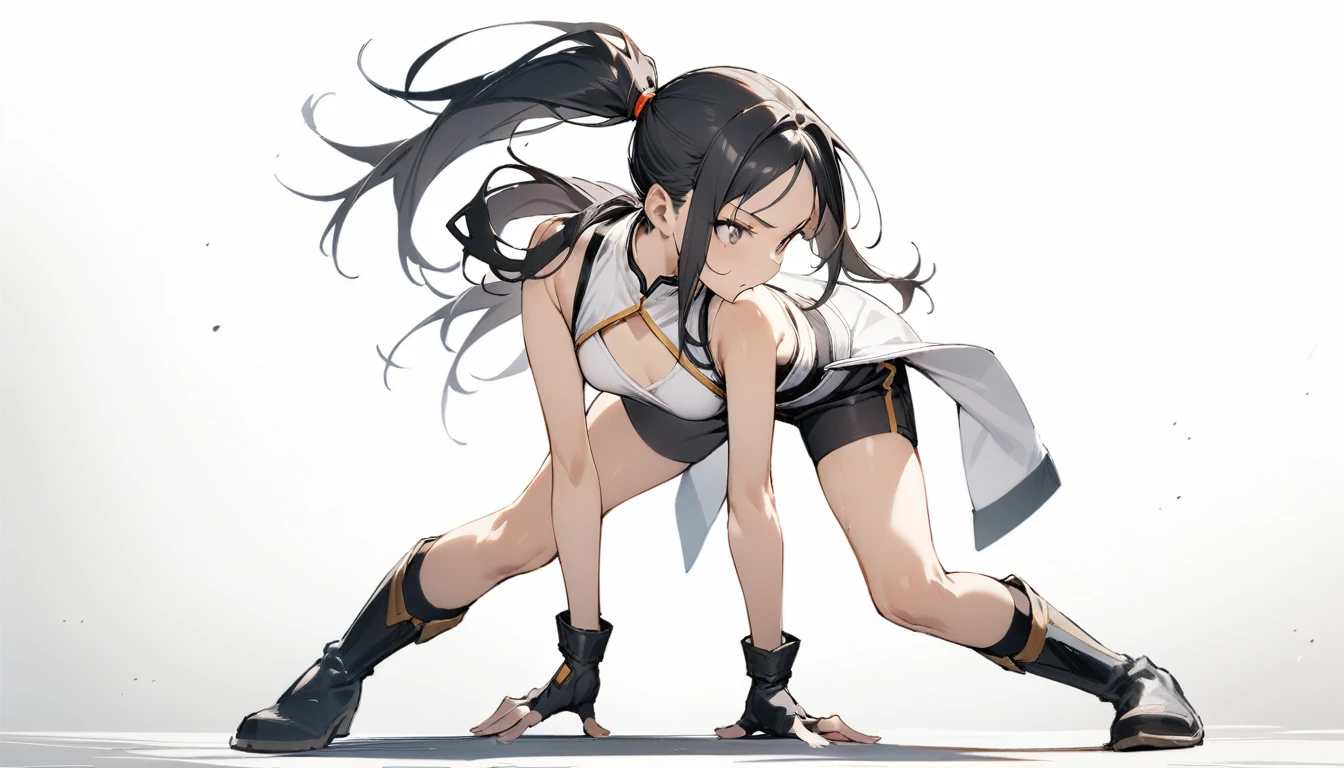 ((Highest quality)), ((masterpiece)), (detailed),full body ,slender. ((Rin々A cool female fighter)) small breasts Long-haired ponytail ((Sleeveless white karate uniform)) Black shorts Knee-high boots Leaning forward Open chest black fingerless gloves