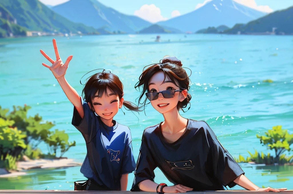 A Chinese father wearing black-framed glasses and a  girl wearing a blue T-shirt and red sunglasses stood side by side by the lake, waving and smiling at the camera. The background was a clear sky and mountains in the distance, creating a joyful atmosphere.