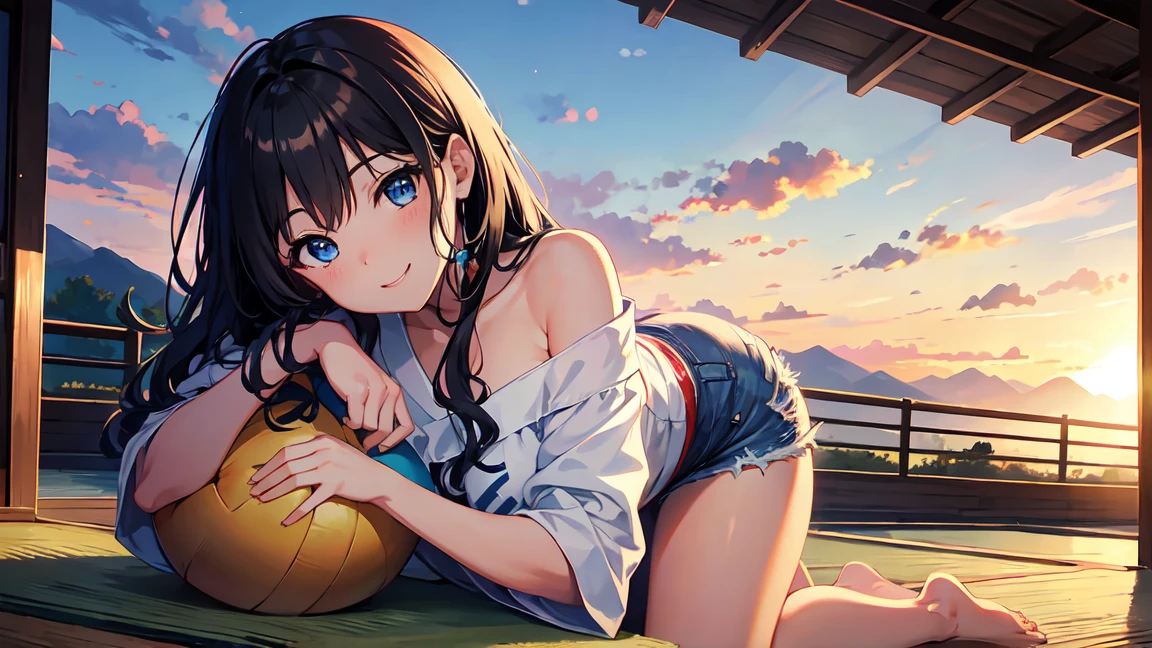 CG, Unity, 8K, wallpaper, Highest quality,sunlight、Perfect lighting、 masterpiece, Amami Haruka, (smile: 1.2), 1 high school girl、Black Hair、Curly Hair、blue eyes、Thick lips、Light Blue T-Shirt、Off the shoulder、 BREAK DENIM, barefoot, Thighs, Best lighting, Complex pupil, Intricate weaving, Detailed Background, Japanese countryside, Rice Field、Pool、evening、sunset