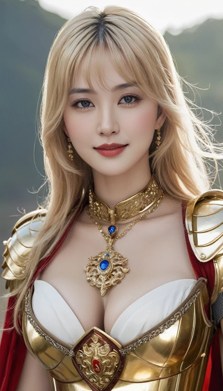 masterpiece,Highest quality,Top knight,(Female knight_knight:1),(Gold Armor:1.3), (35歳のFemale knight:1.3),、Big and ample breasts Big big cleavage ,Hyper Real,In a battlefield in medieval Europe,Beautiful smile、British women、Delicate skin texture to the smallest detail、Detailed blue eyes (Very large)、(Beautiful middle-aged woman)、(Fluffy long blonde hair)、Dense and dense skin texture、(((Very large)))、Female knight、(((Big big cleavage)))、Richly decorated golden armor、Golden long boots with flashy decorations、Pure gold and jewellery necklaces and collars、Big gold earrings、Red lips、(((Dressed in gorgeous golden armor)))、Golden Long Globe、((She has a fancy long sword))、The sword is ornately decorated..........................、((The blade is crimson))、(Female knight)、(battlefield)、