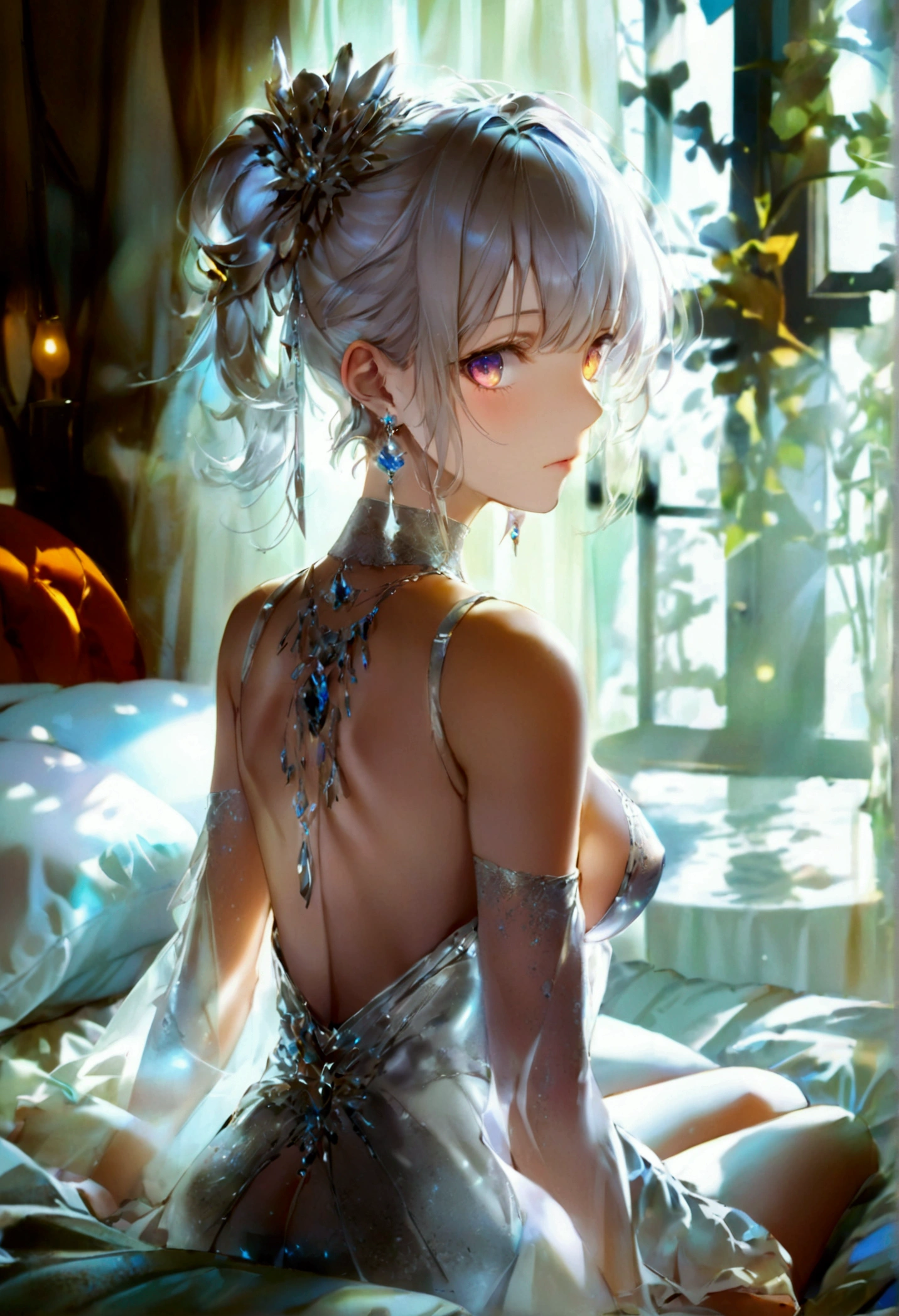 ((masterpiece, Highest quality)),, st. Louis (Luxury Wheels) (Azur Lane), High resolution, Highest quality, figure, Cinematic Light, Super detailed, Detailed face, (Fine grain), Highest quality, Super detailed, masterpiece, (Detailed face), Large Breasts, hair ornaments, Earrings, necklace, Portraiture, Silver Dress, Revealing clothing,Best details, Glowing Eyes, (Hotel:1.2), Sitting in bed, Sitting, bed, window, Night Sky, Backlight, light, (High Contrast), (colorful),