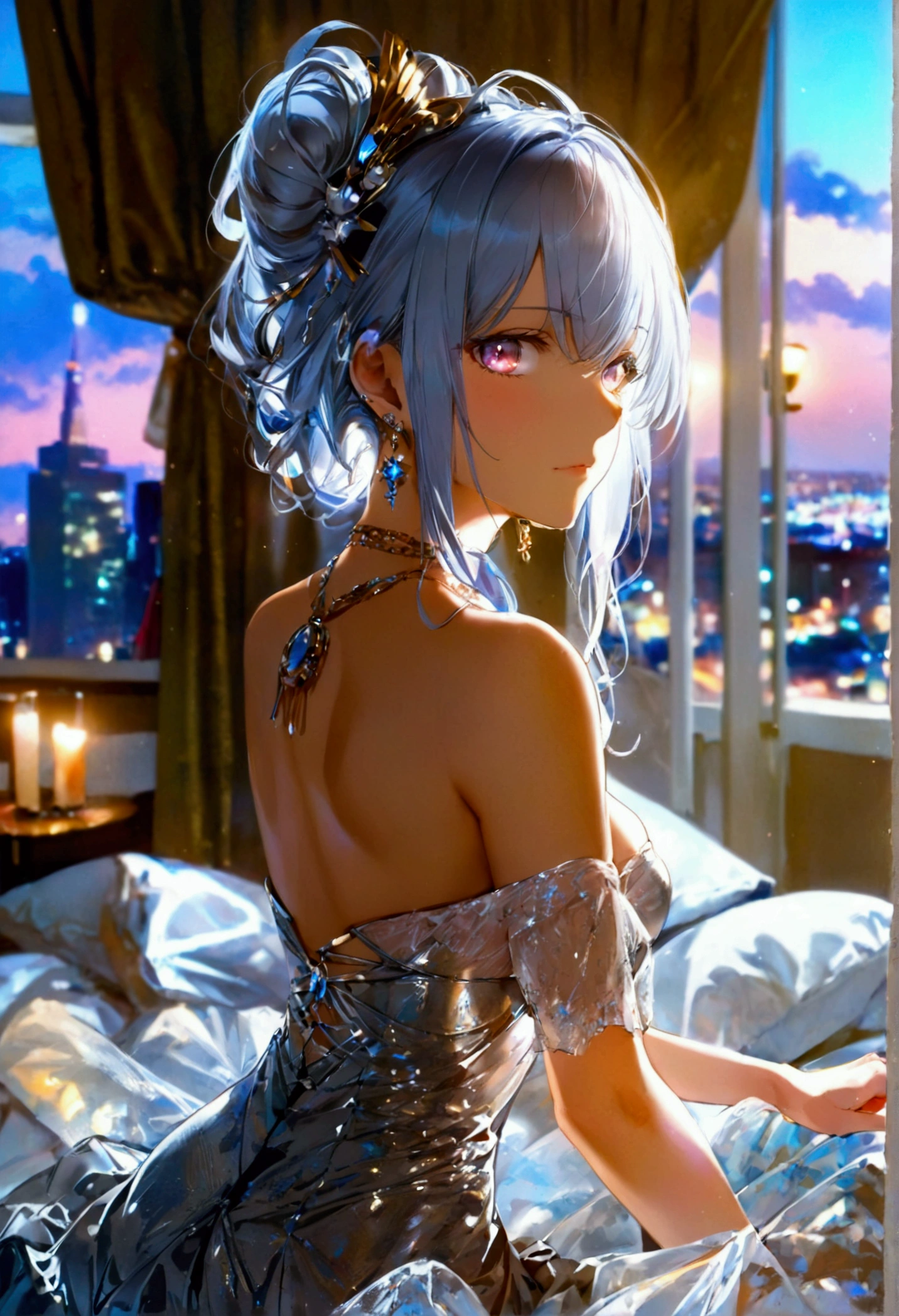 ((masterpiece, Highest quality)),, st. Louis (Luxury Wheels) (Azur Lane), High resolution, Highest quality, figure, Cinematic Light, Super detailed, Detailed face, (Fine grain), Highest quality, Super detailed, masterpiece, (Detailed face), Large Breasts, hair ornaments, Earrings, necklace, Portraiture, Silver Dress, Revealing clothing,Best details, Glowing Eyes, (Hotel:1.2), Sitting in bed, Sitting, bed, window, Night Sky, Backlight, light, (High Contrast), (colorful),
