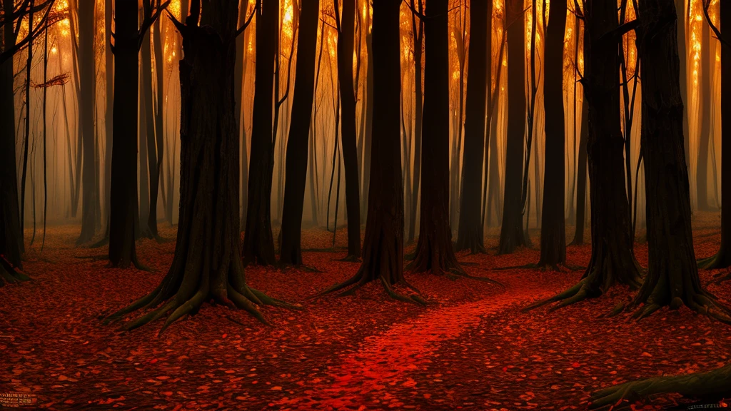 an eerie autumn forest lit by candles, ultra HD, candles, tenebrosa, hight contrast, 8K, bright and vivid colors, (intense lighting: 1.3), award wining masterpiece, extremely detaild, cinematic,